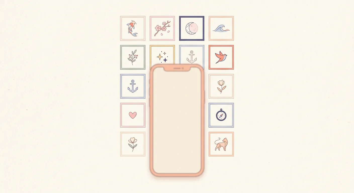 Ilustración minimalista de un smartphone con un feed de motivos de tatuaje, SNS y tatuaje: la era de Instagram