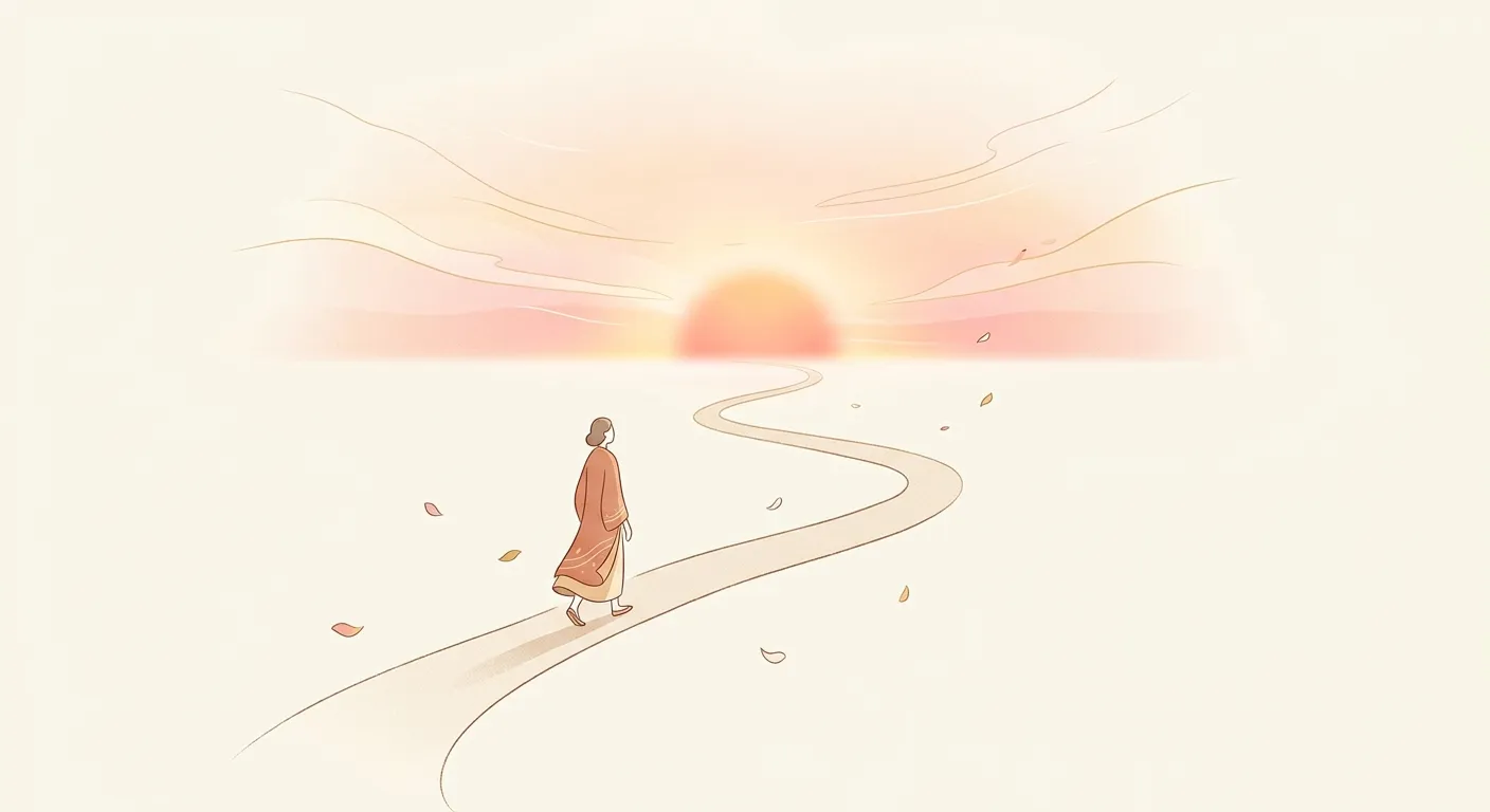 Ilustración minimalista de una figura caminando hacia el horizonte al atardecer, el fin de un viaje cultural