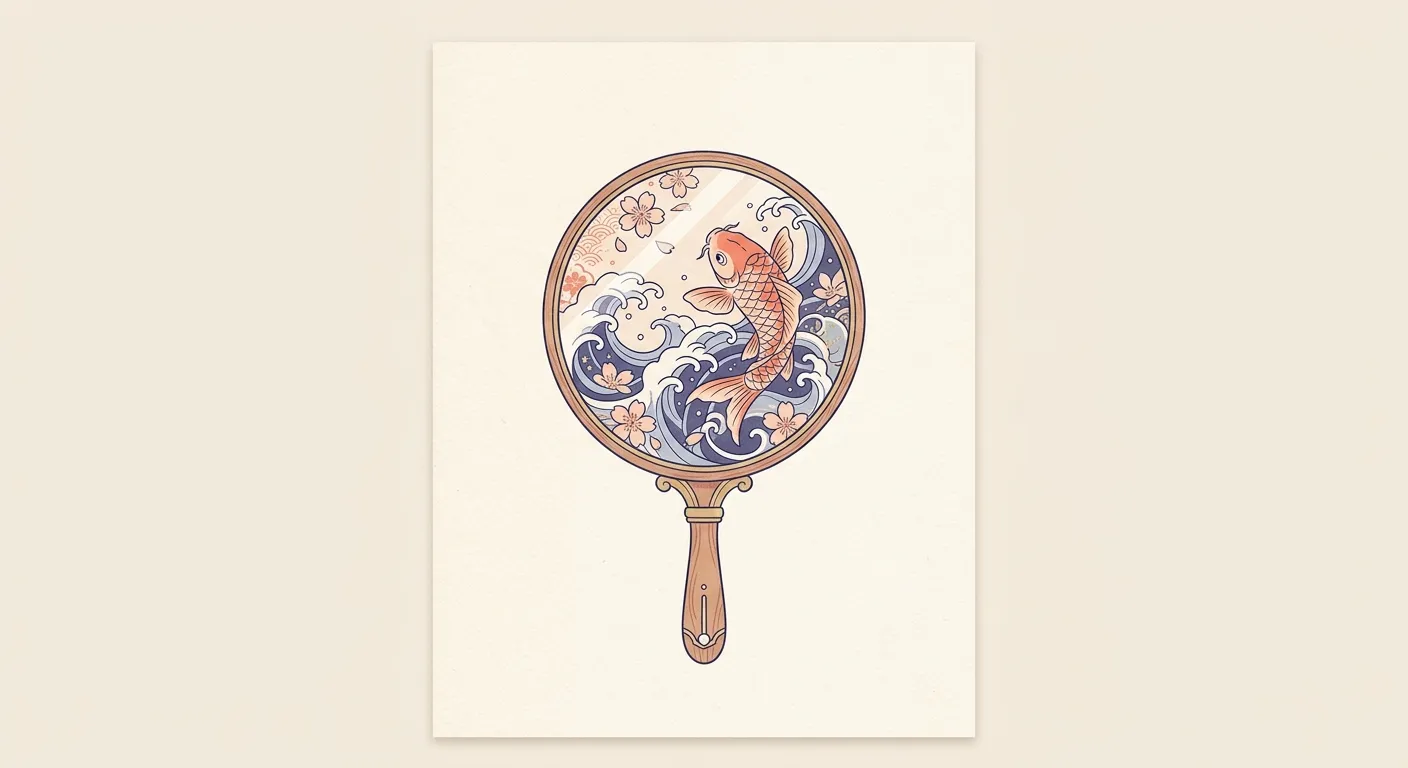 Ilustración minimalista de un espejo reflejando un motivo de tatuaje tradicional, tatuajes en Japón: el espejo de una cultura