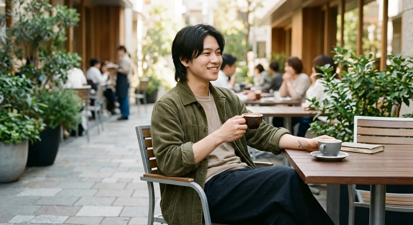 Joven japonés con un pequeño tatuaje en un café moderno, el cambio actual: la normalización progresiva del tatuaje