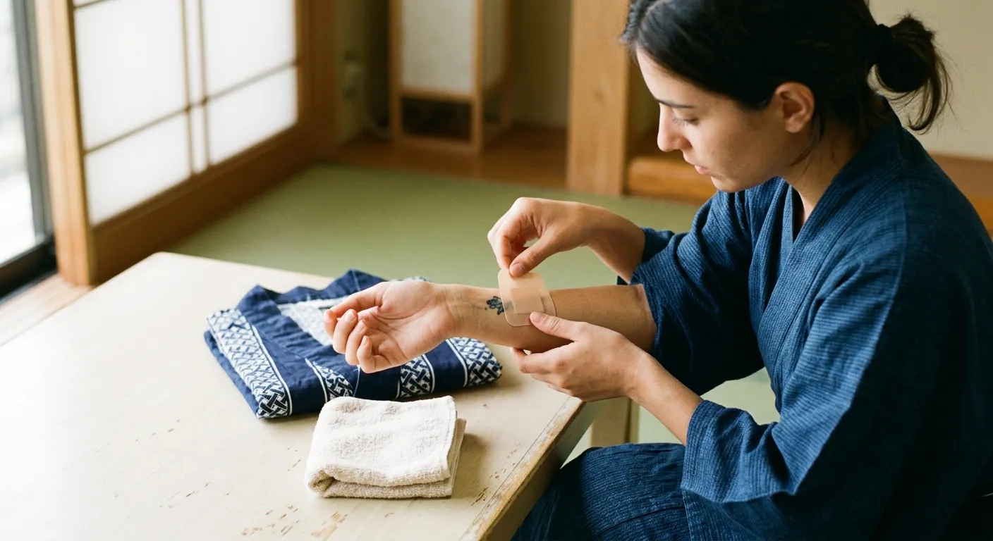 Manos aplicando un parche para cubrir un pequeño tatuaje junto a una yukata, guía práctica para viajeros con tatuajes