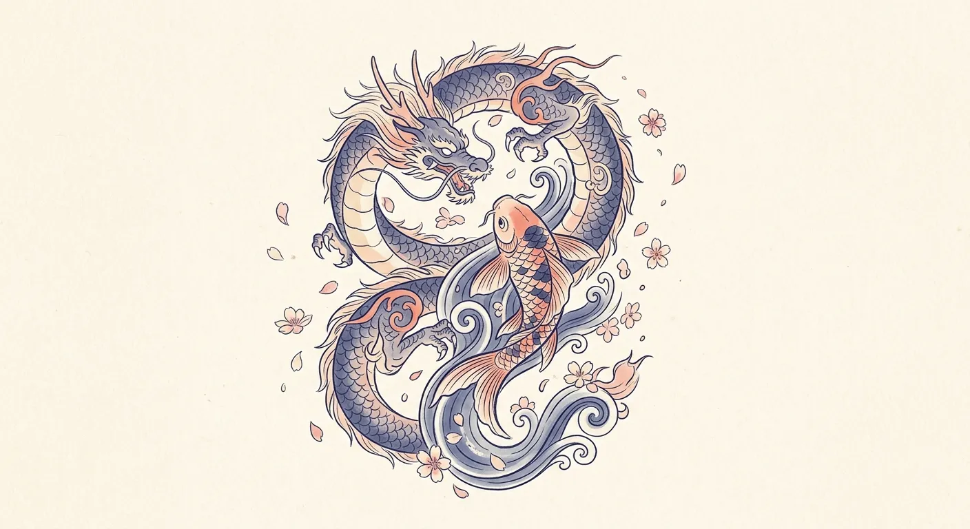 Ilustración minimalista de motivos tradicionales del tatuaje japonés como koi y dragón, comprender el tatuaje japonés