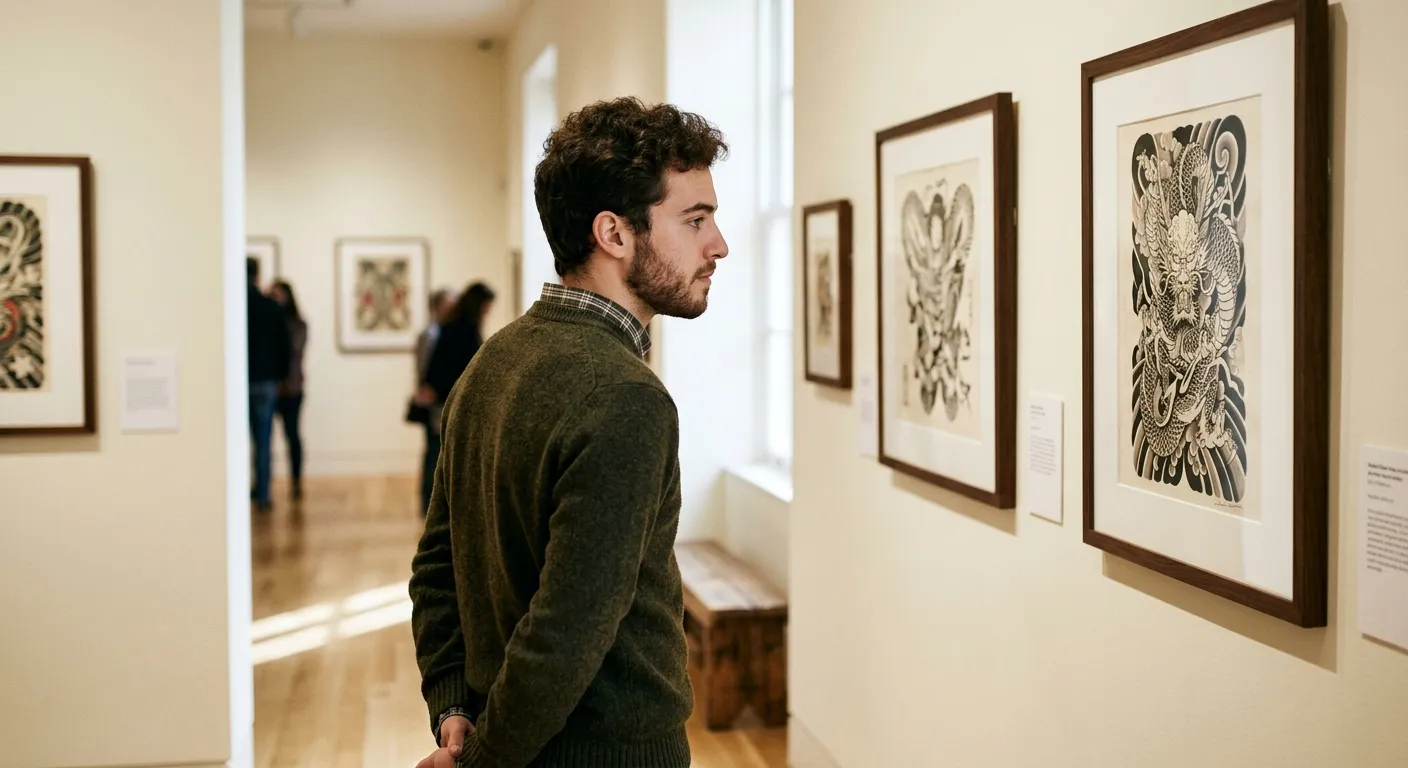 Joven hispanohablante visitando una galería de diseños tradicionales de tatuaje japonés, tu viaje a la cultura del tatuaje japonés