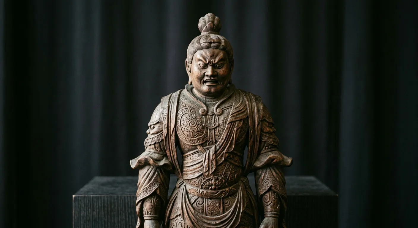 Estatua tallada de una deidad budista guardiana en una vitrina de museo, deidades y mitología en el irezumi
