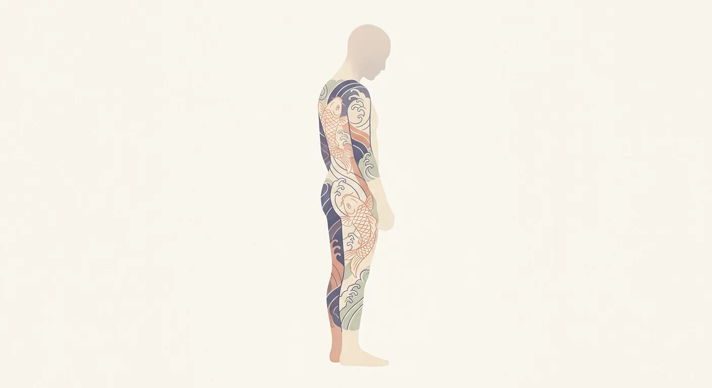 Ilustración minimalista de una silueta con patrones de irezumi recorriendo el cuerpo, el cuerpo como lienzo completo