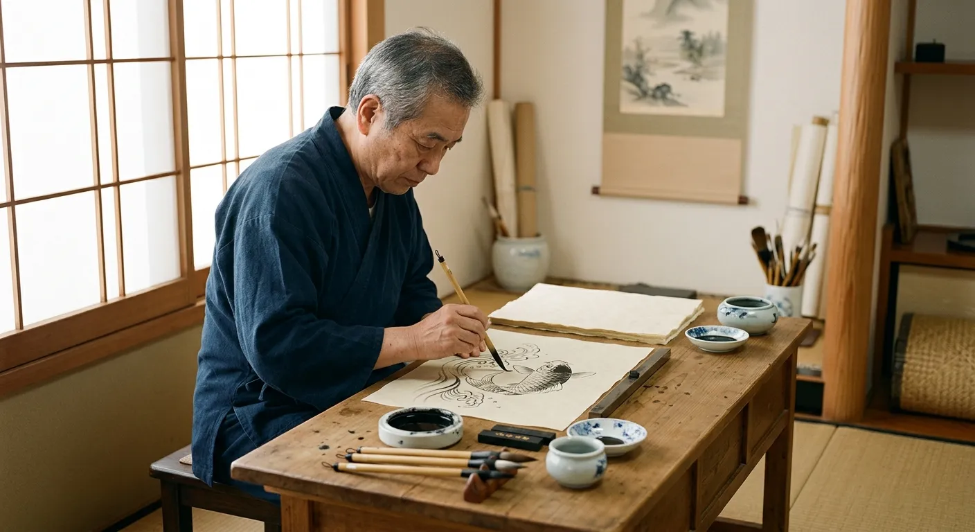Maestro horishi dibujando un diseño tradicional con pincel en su estudio, el mundo de los horishi