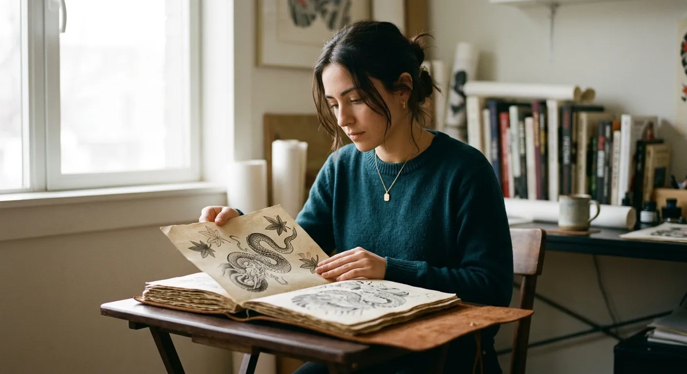 Joven hispanohablante mirando un portafolio de diseños tradicionales de irezumi, para quienes quieren un tatuaje japonés