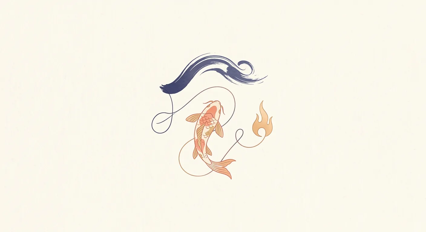 Ilustración minimalista uniendo pincel, koi y llama como arte, cultura y vida, el irezumi: arte cultura vida