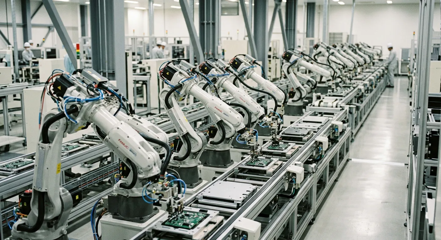 Brazos roboticos industriales trabajan en una linea de montaje moderna