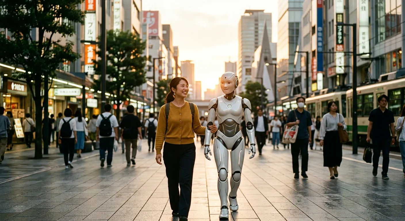 Una persona y un robot amistoso avanzan juntos hacia el futuro
