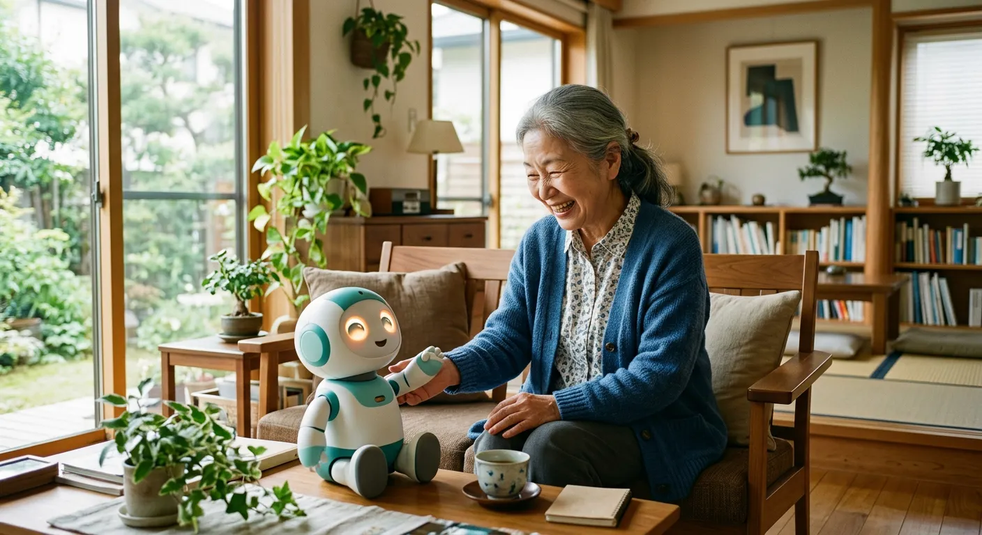 Un robot de compania simpatico interactua con una persona sonriente