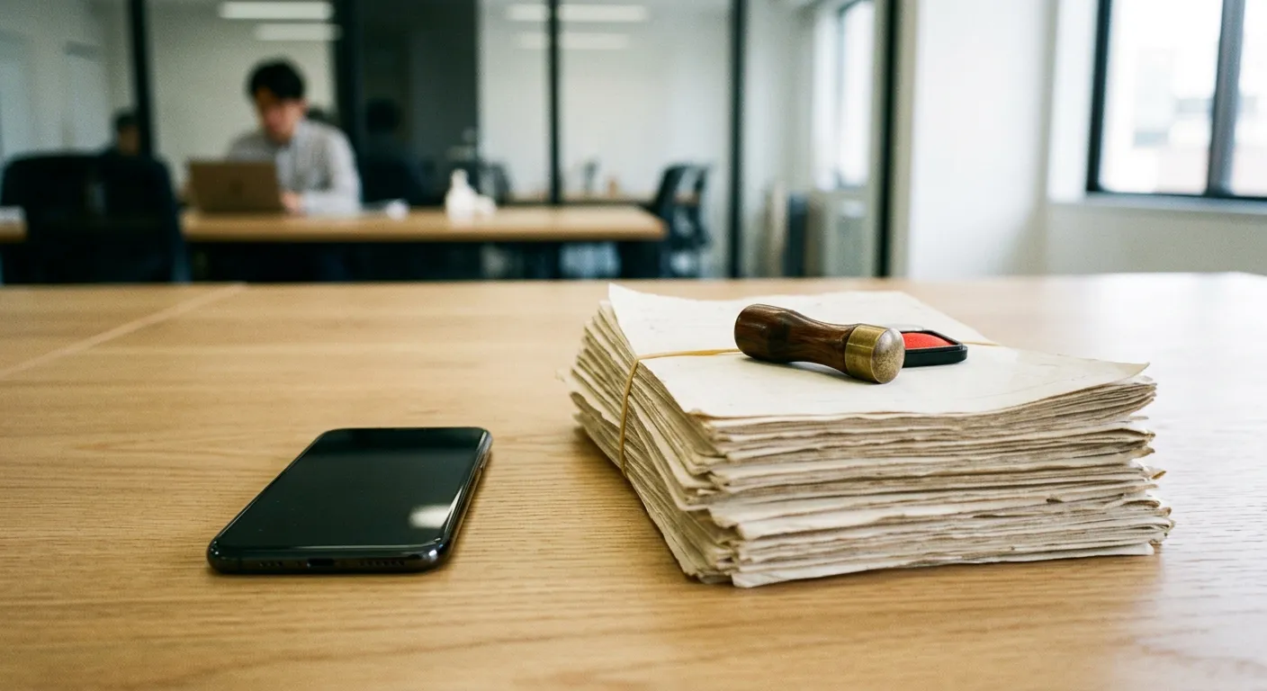 Un movil de ultima generacion junto a viejos formularios de papel y un sello