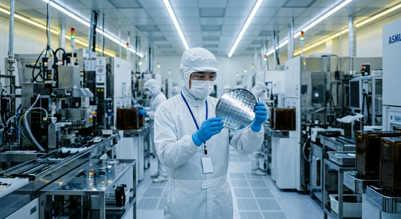 Un tecnico sostiene una oblea de semiconductor en una sala limpia