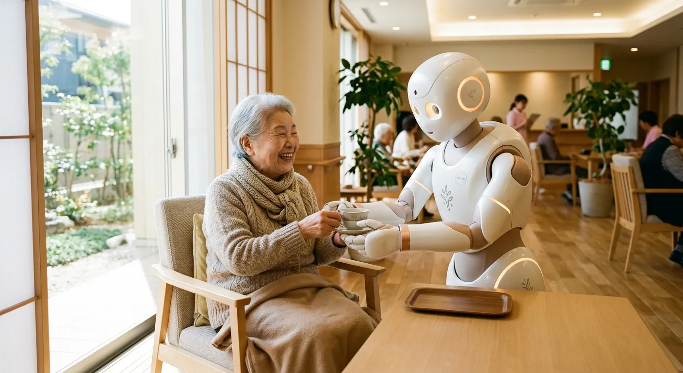 Un robot asistencial ayuda con delicadeza a una persona mayor