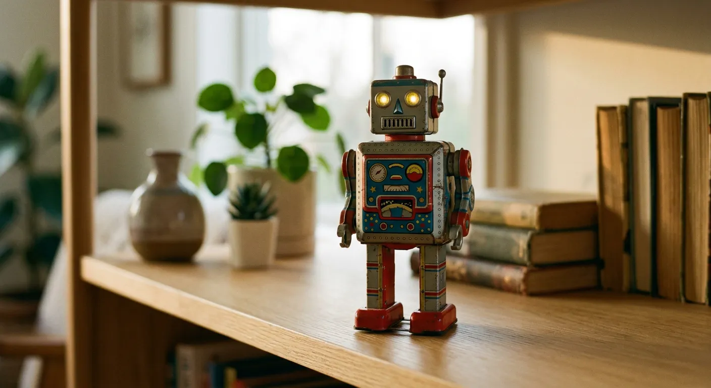 Un robot de juguete de hojalata retro sobre una estanteria moderna