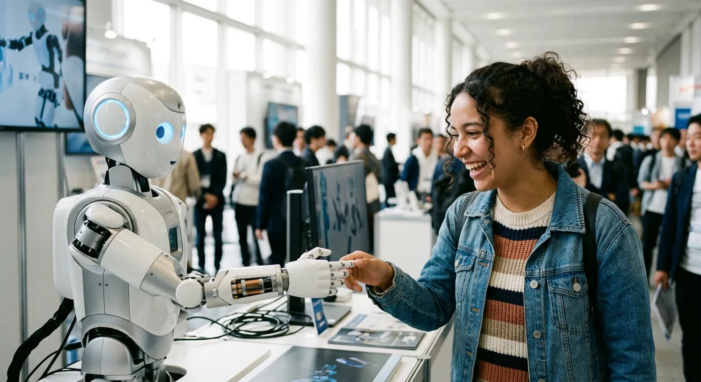 Un joven latinoamericano interactua con robotica japonesa en una feria