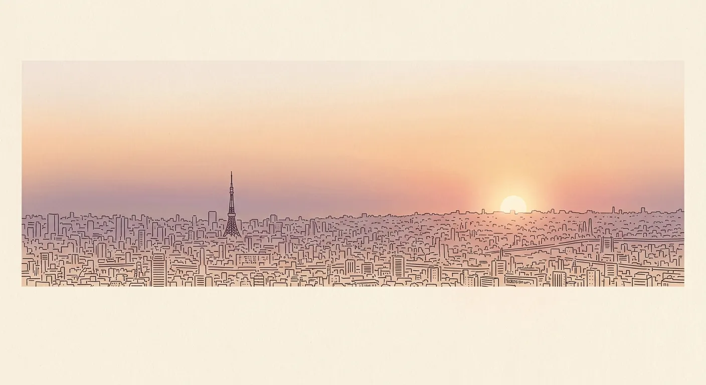 Ilustración minimalista del interminable horizonte de Tokio al atardecer, una vida no es suficiente