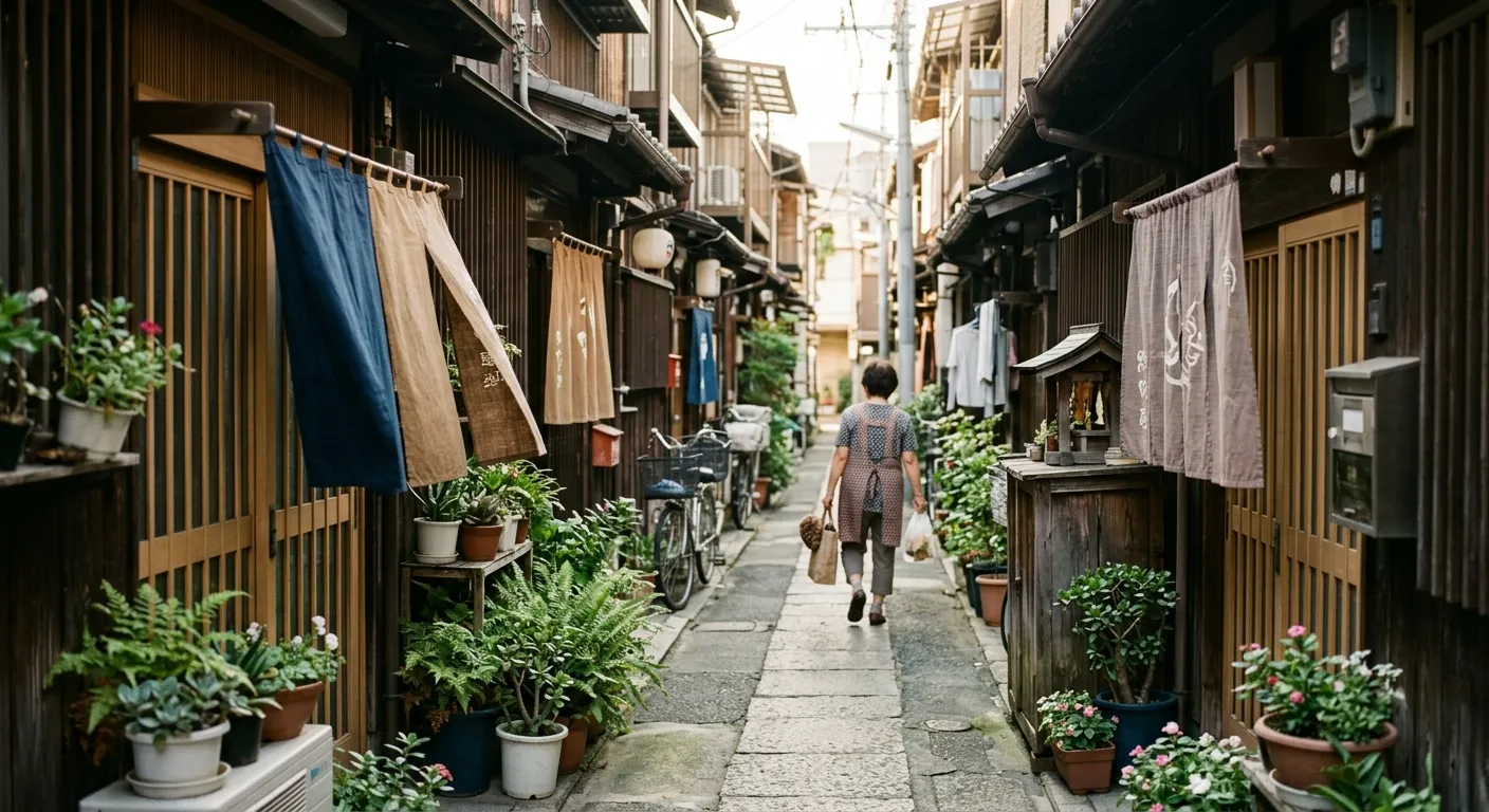 Callejón tradicional del shitamachi de Tokio con plantas y cortinas noren, las dos almas de Tokio