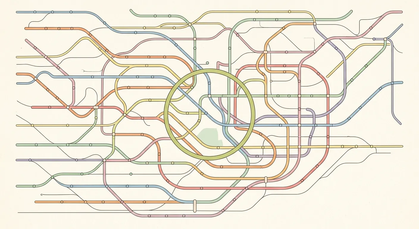 Ilustración minimalista de la compleja red ferroviaria de Tokio, el sistema ferroviario más complejo del mundo