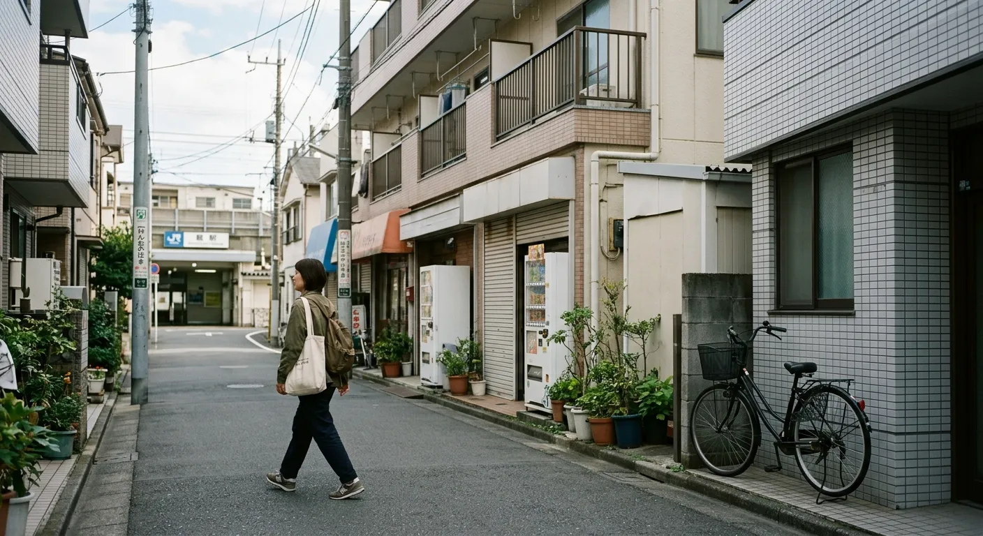 Barrio residencial tranquilo de Tokio por la mañana con un vecino caminando, vivir en Tokio: la realidad cotidiana