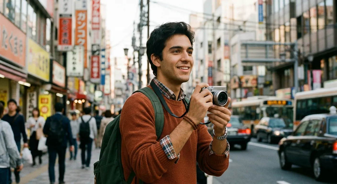 Joven viajero hispanohablante explorando una calle de Tokio con su cámara, guía de viaje: cómo disfrutar Tokio