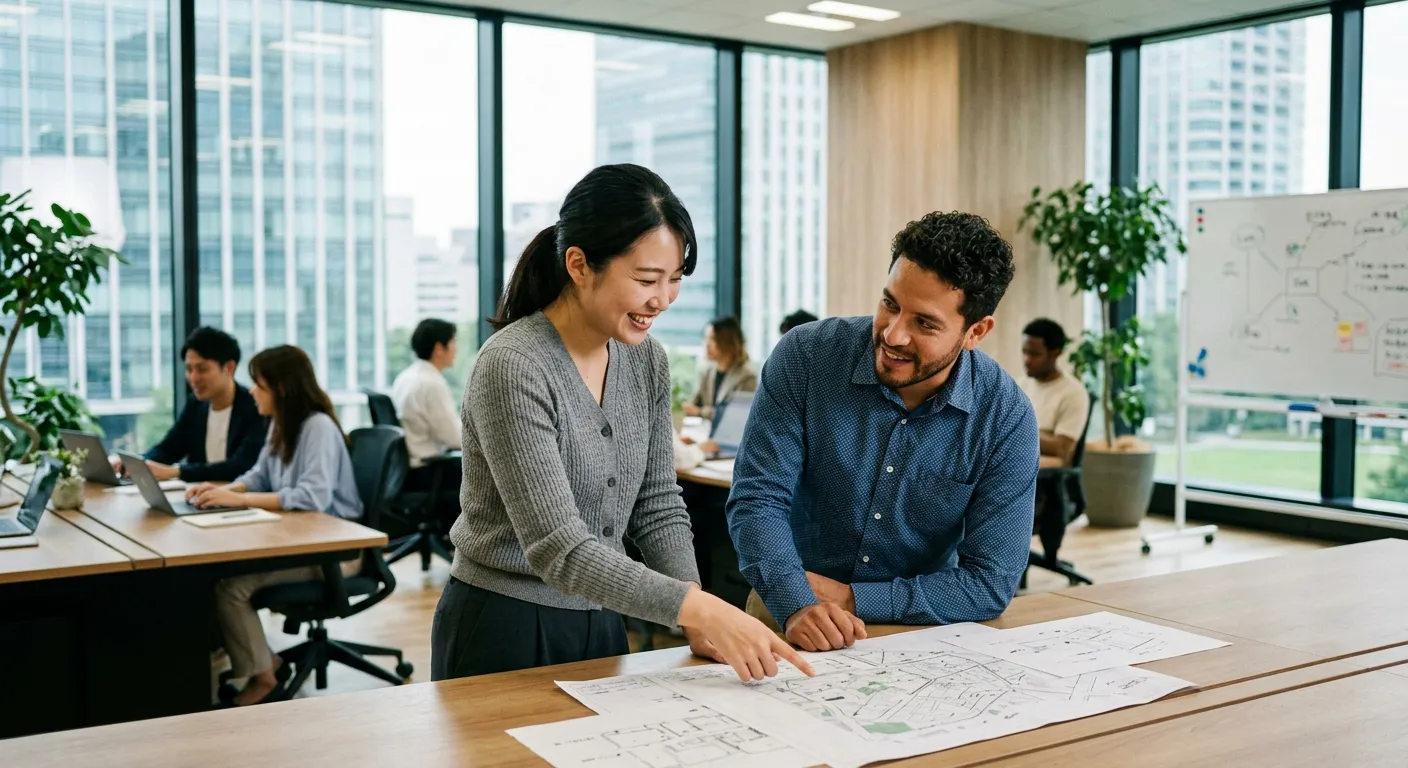Un colega japones y uno latinoamericano colaboran en una oficina moderna