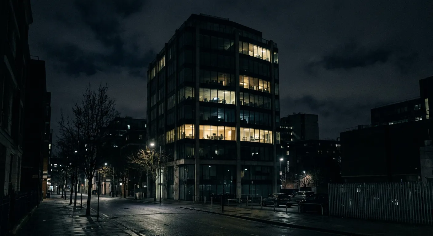 Un edificio de oficinas de noche con pocas ventanas aun iluminadas