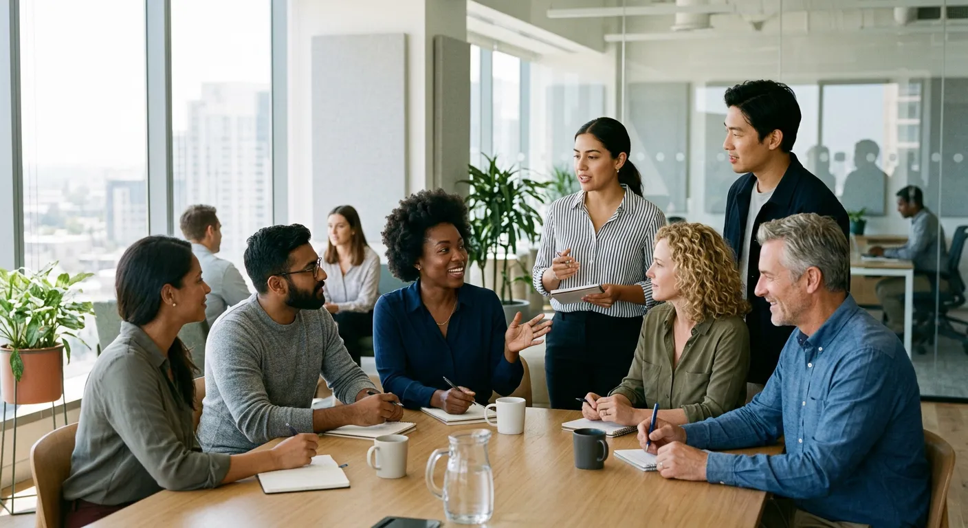 Un grupo de colegas debate en una sala de reuniones moderna