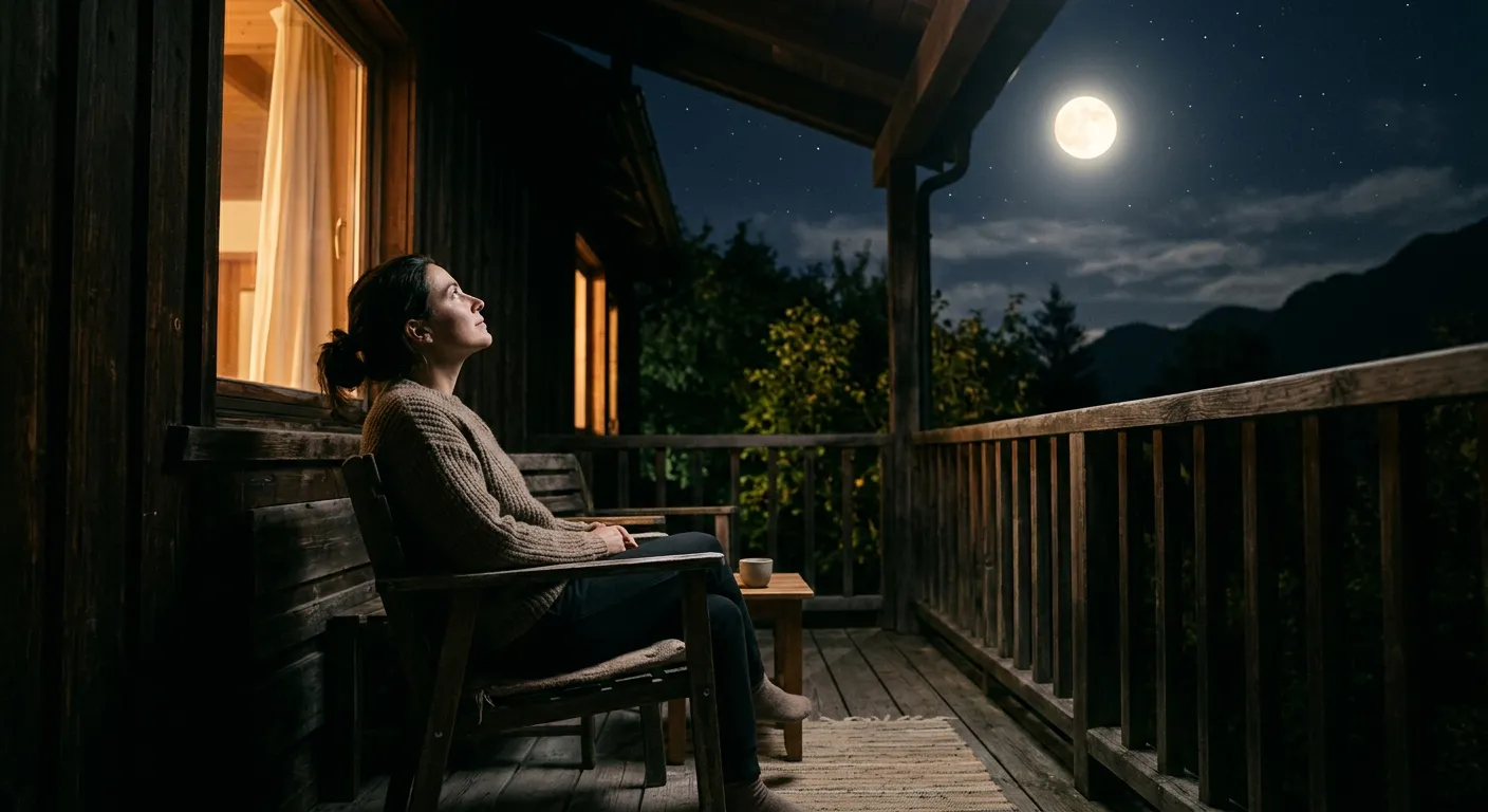 Una persona contempla la luna llena desde una galeria de madera