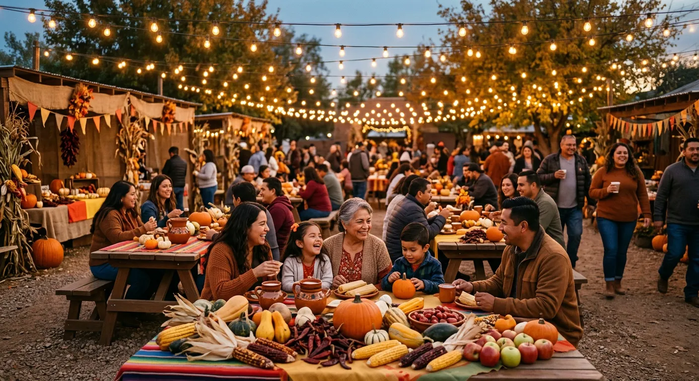Una fiesta hispana de la cosecha con familias reunidas al atardecer