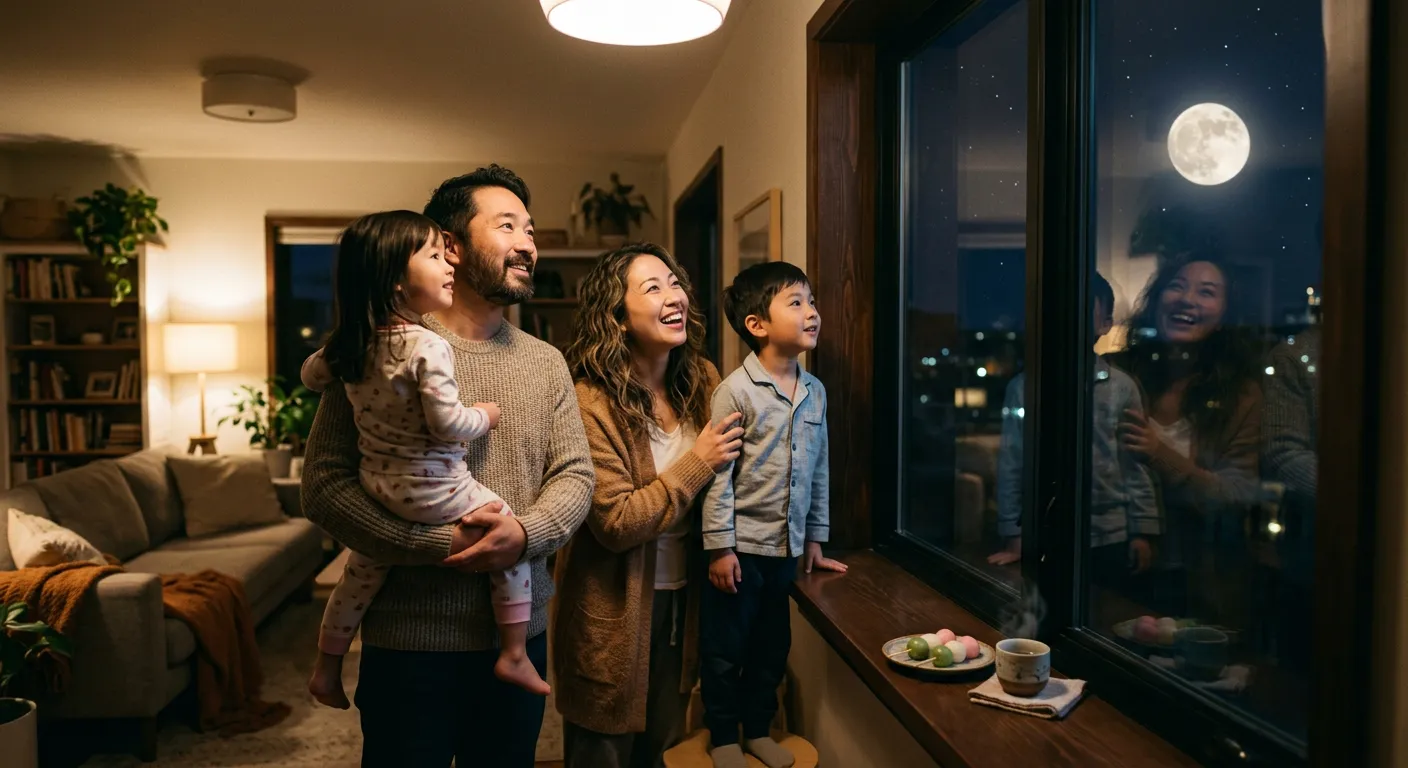 Una familia moderna contempla la luna junto a la ventana con dango