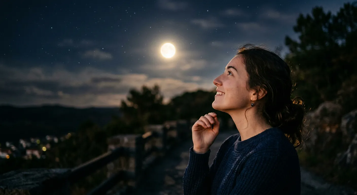 El perfil sereno de una persona que sonrie al mirar la luna