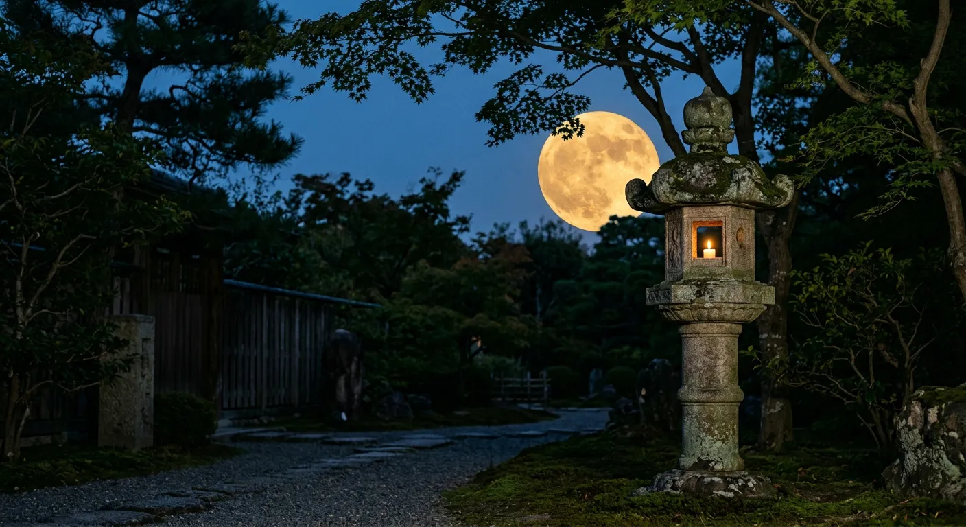 Una gran luna de otono se alza tras un farol de piedra en un jardin