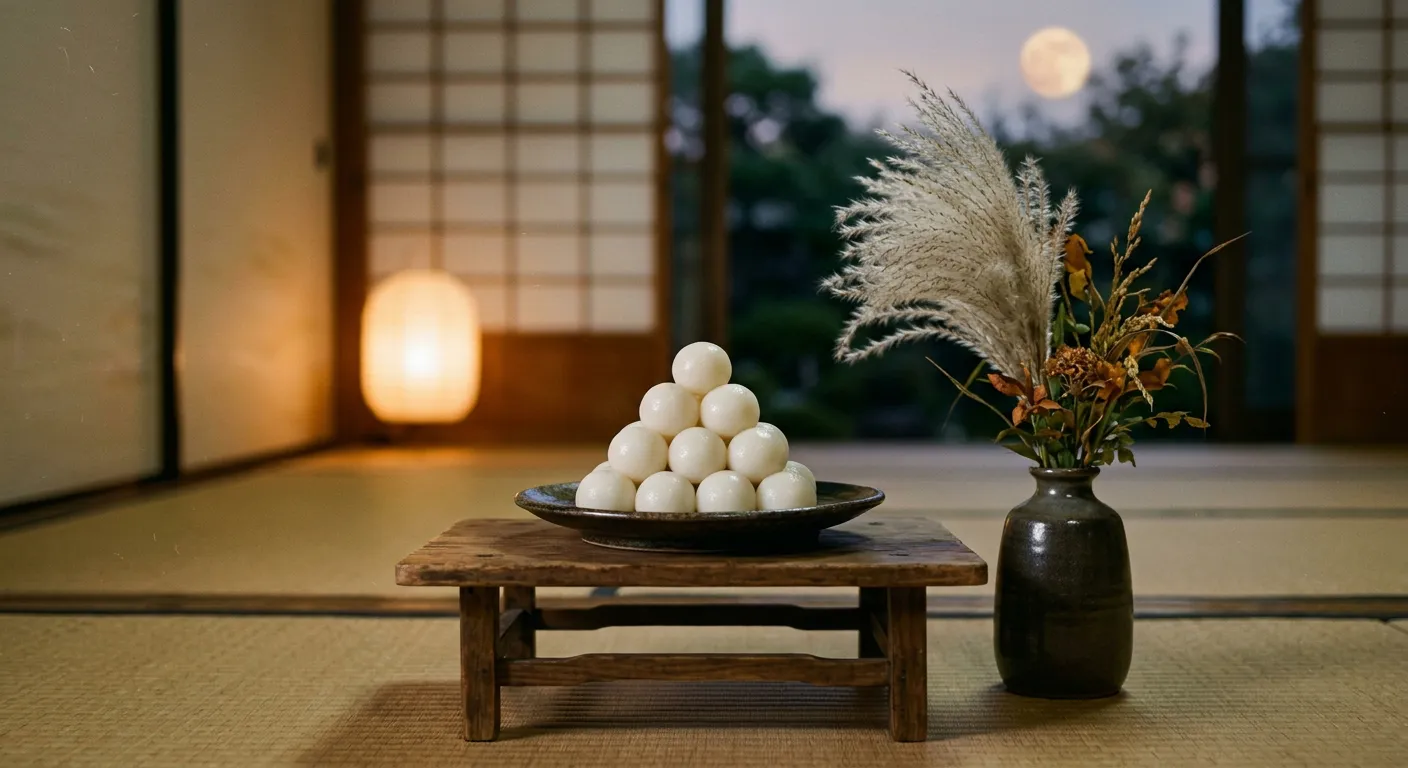 Una piramide de dango blancos junto a hierba susuki como ofrenda