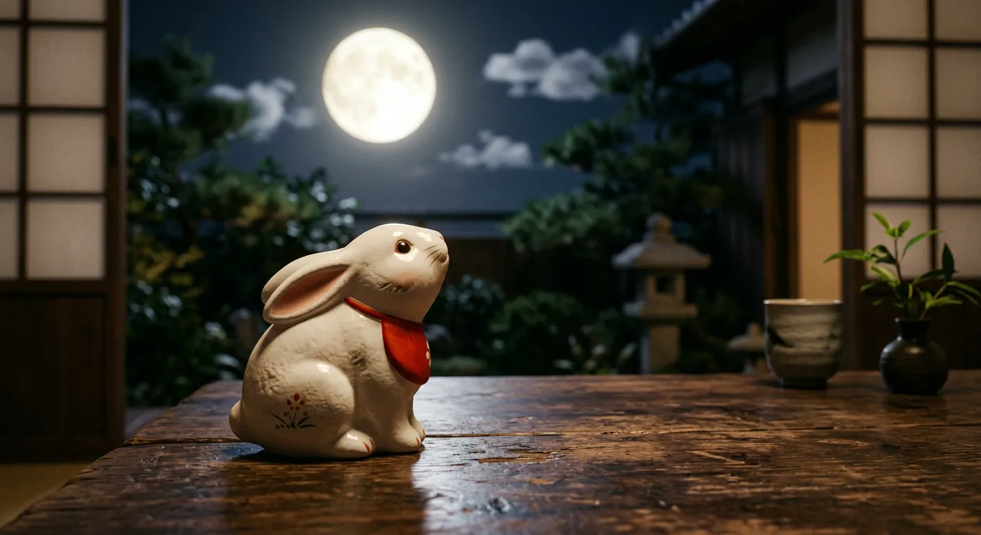 Una figura tradicional de conejo blanco mira hacia la luna llena