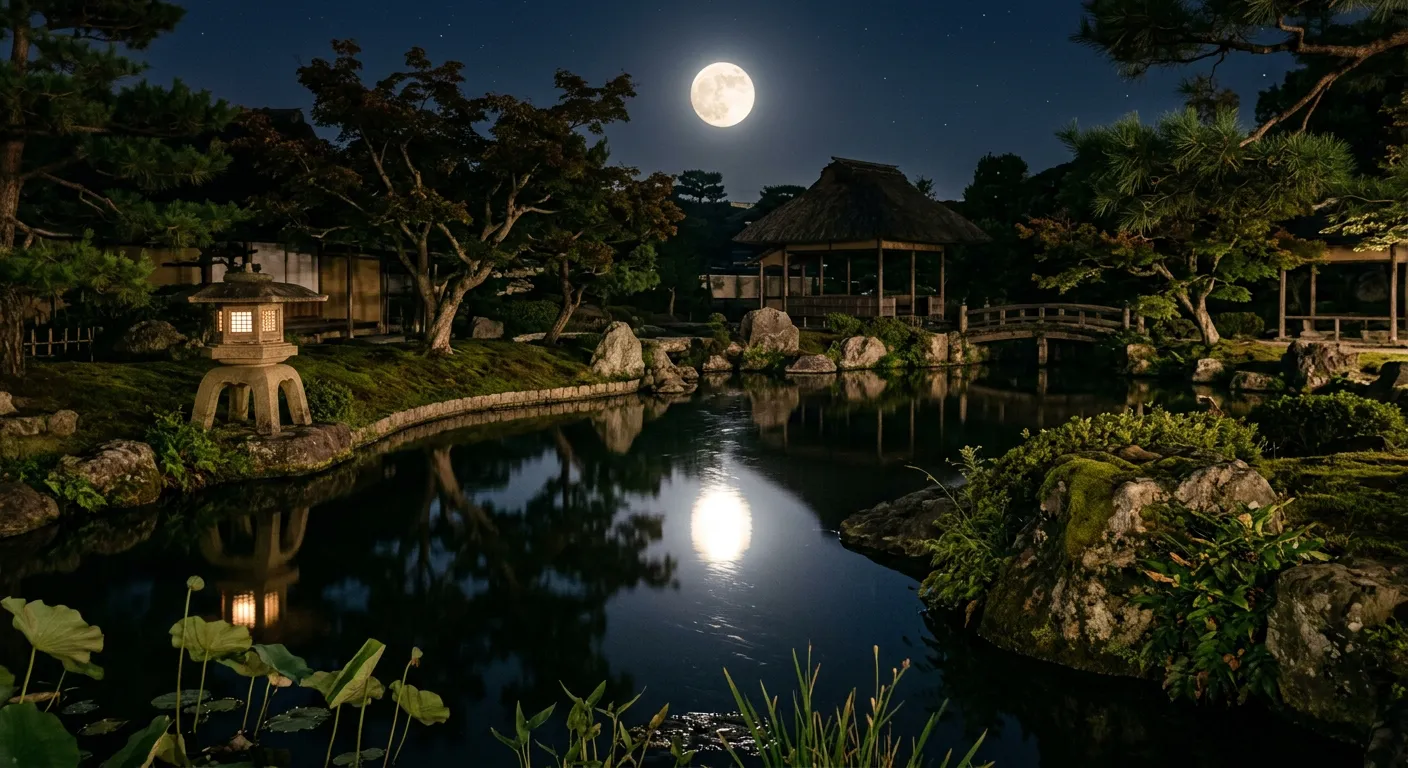 El reflejo de la luna llena tiembla en el estanque de un jardin