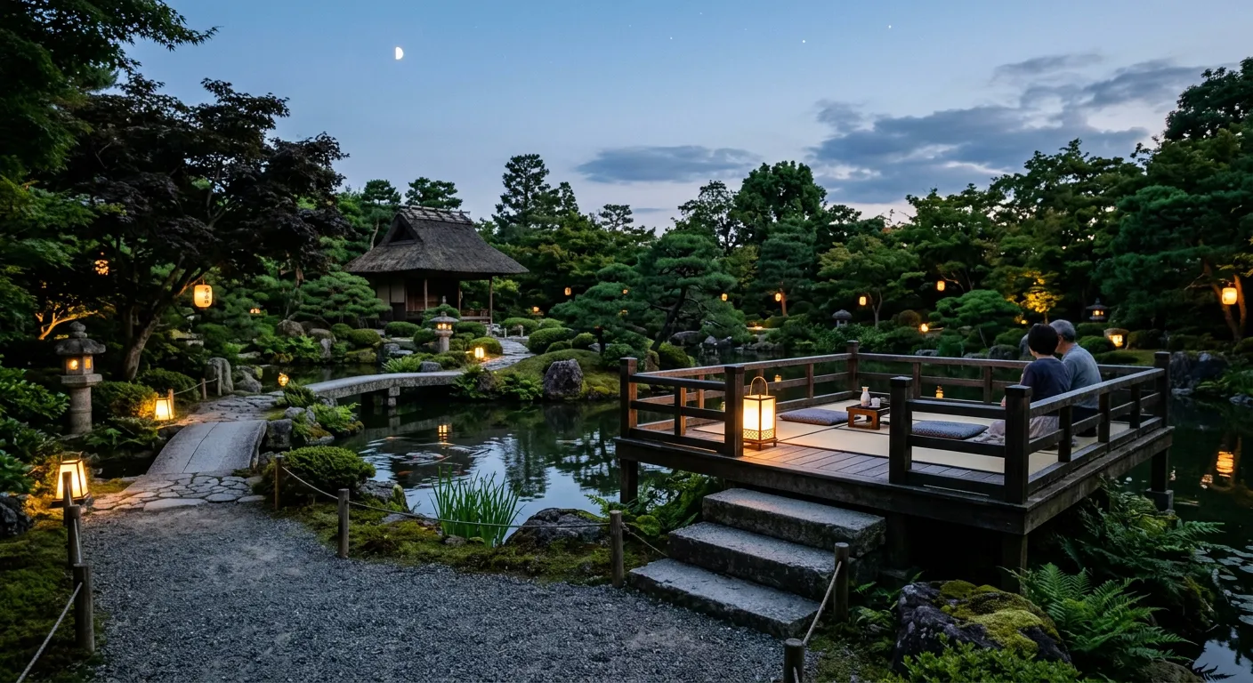Un jardin japones con una plataforma para contemplar la luna