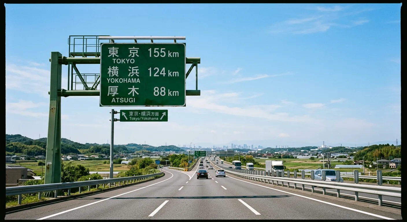Señal de distancia en autopista japonesa mostrando kilómetros a Tokio