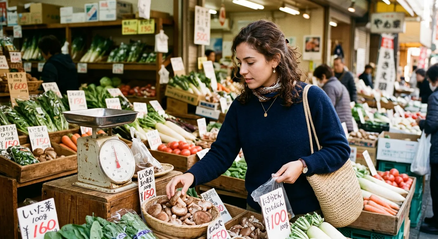 Joven castellana eligiendo verduras en yaoya japonesa con báscula visible