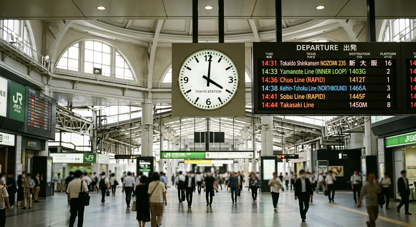 Gran reloj de Tokyo Station con tablero de salidas mostrando horarios precisos