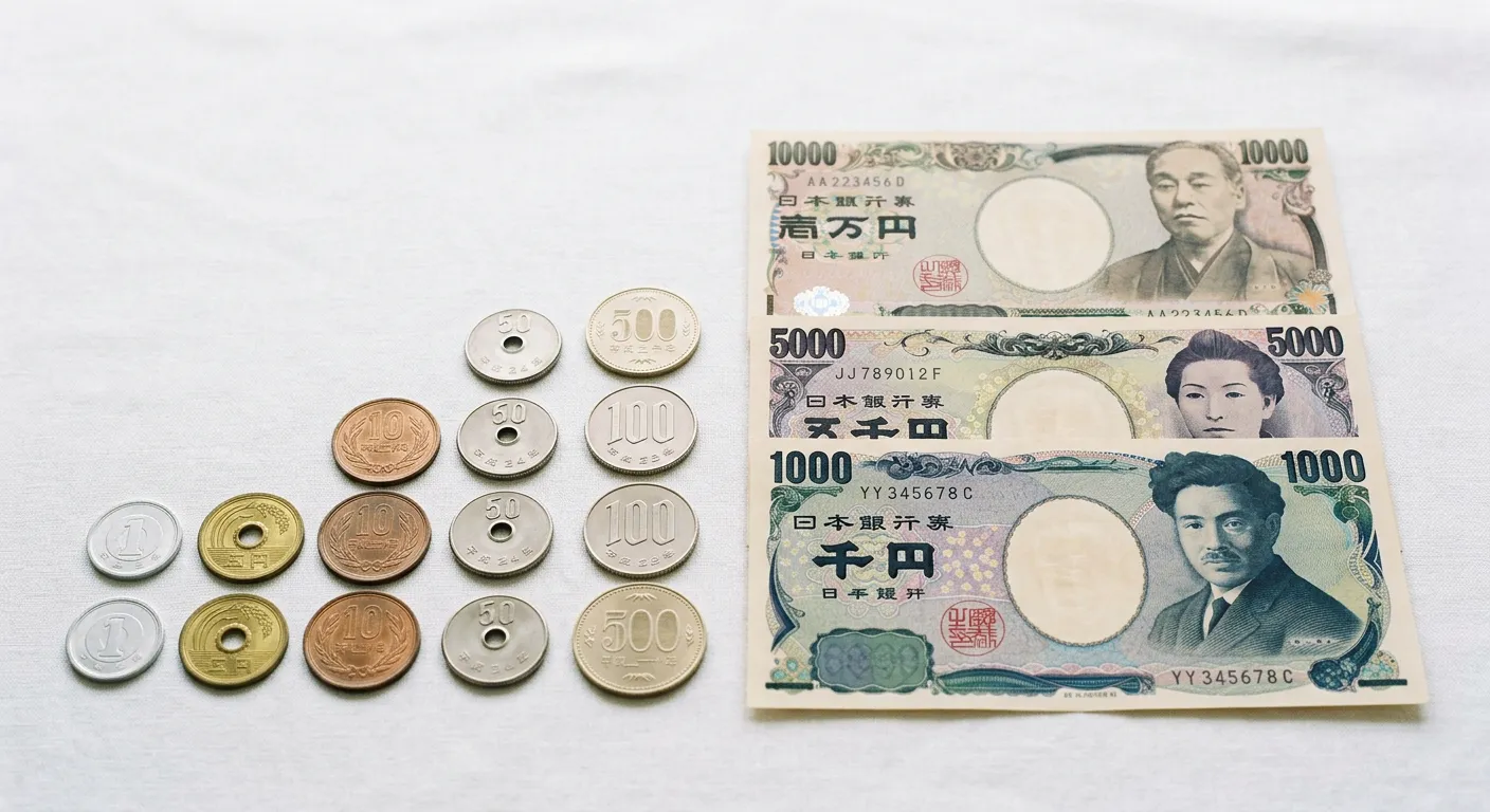 Monedas y billetes japoneses dispuestos de 1 yen a 10,000 yenes