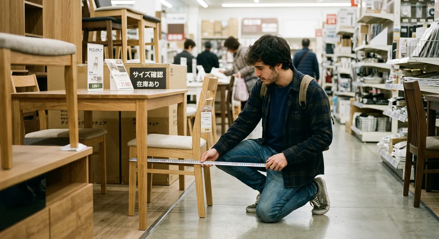 Joven castellano midiendo muebles con cinta métrica en home center japonés
