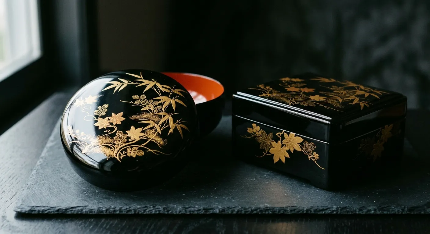 Laca japonesa negra con decoración dorada maki-e de hojas, por qué la laca se llama JAPAN