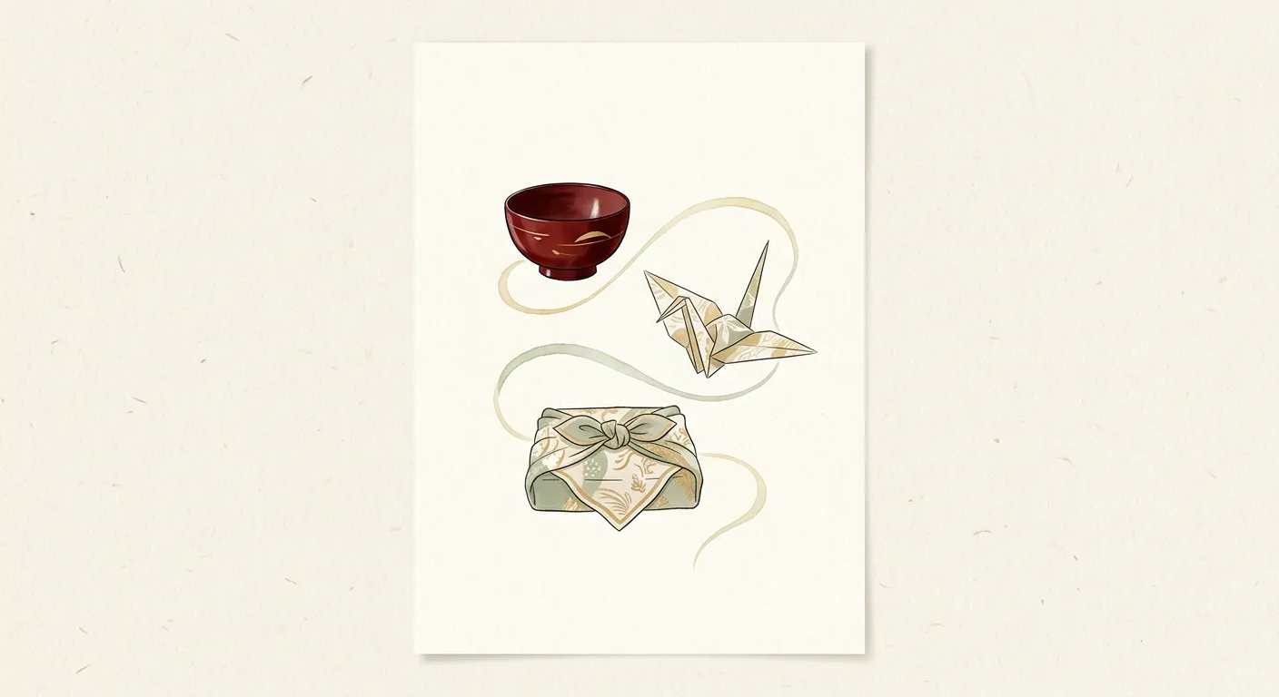 Ilustración minimalista que une la laca, el origami y el furoshiki, lo que las tres artesanías enseñan