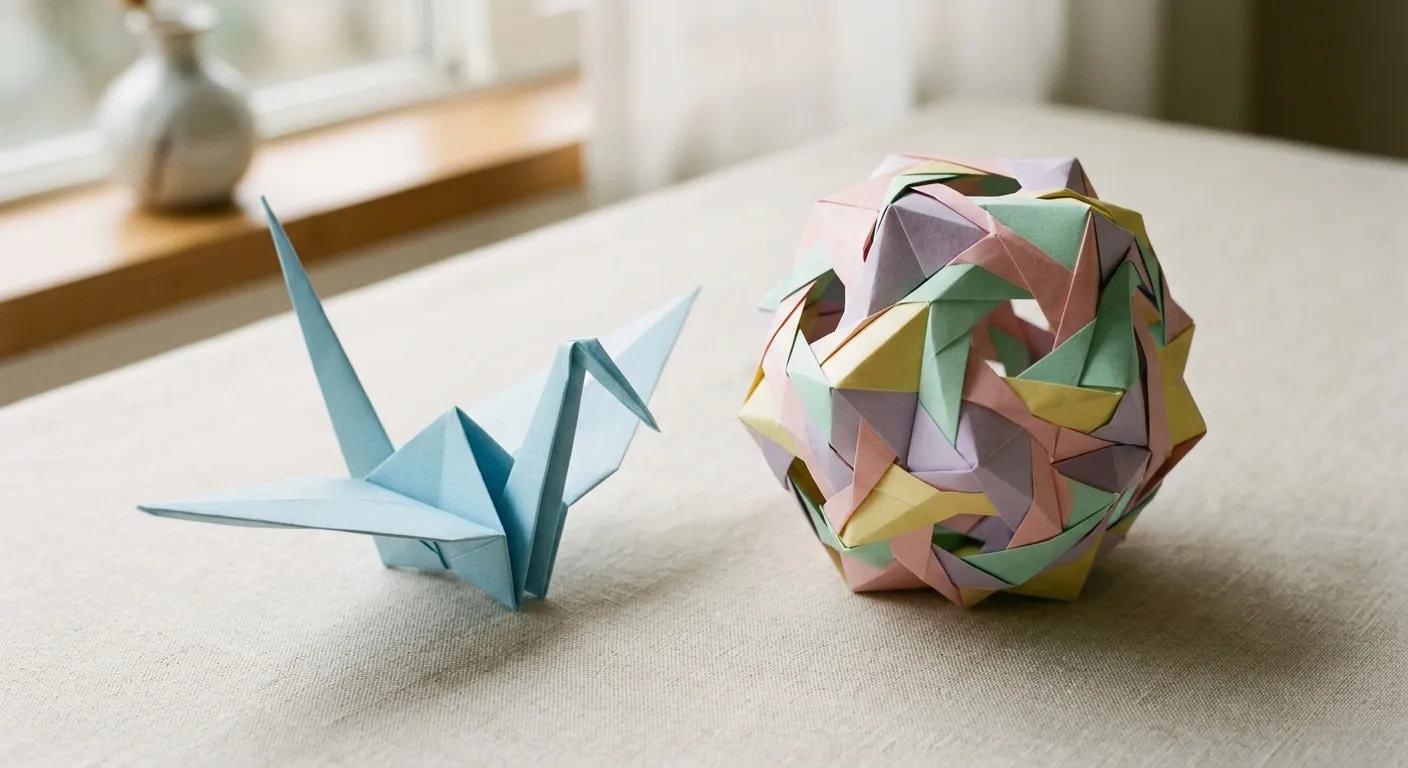 Grulla de origami junto a una figura geométrica modular, el arte donde las matemáticas y la belleza se encuentran
