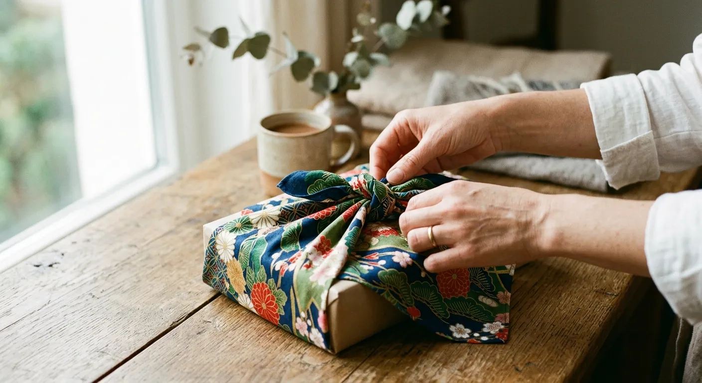 Manos envolviendo un objeto con un furoshiki de colores, la bolsa ecológica que precedió mil años