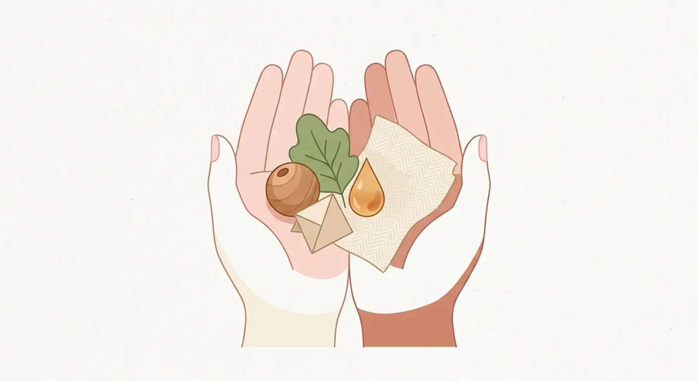 Ilustración minimalista de manos sosteniendo materiales naturales, la filosofía común: respeto al material