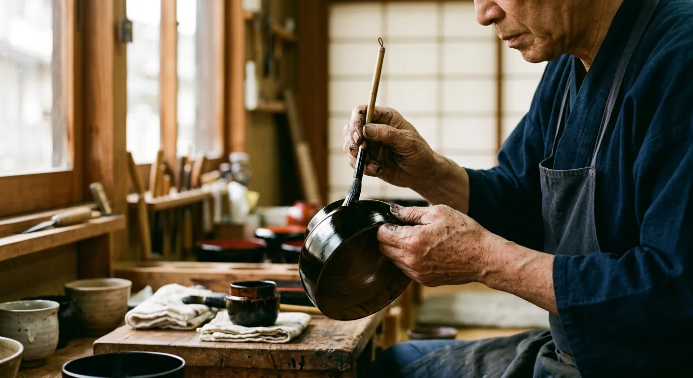 Manos de un maestro artesano mayor aplicando laca urushi con un pincel, los Tesoros Nacionales Vivientes