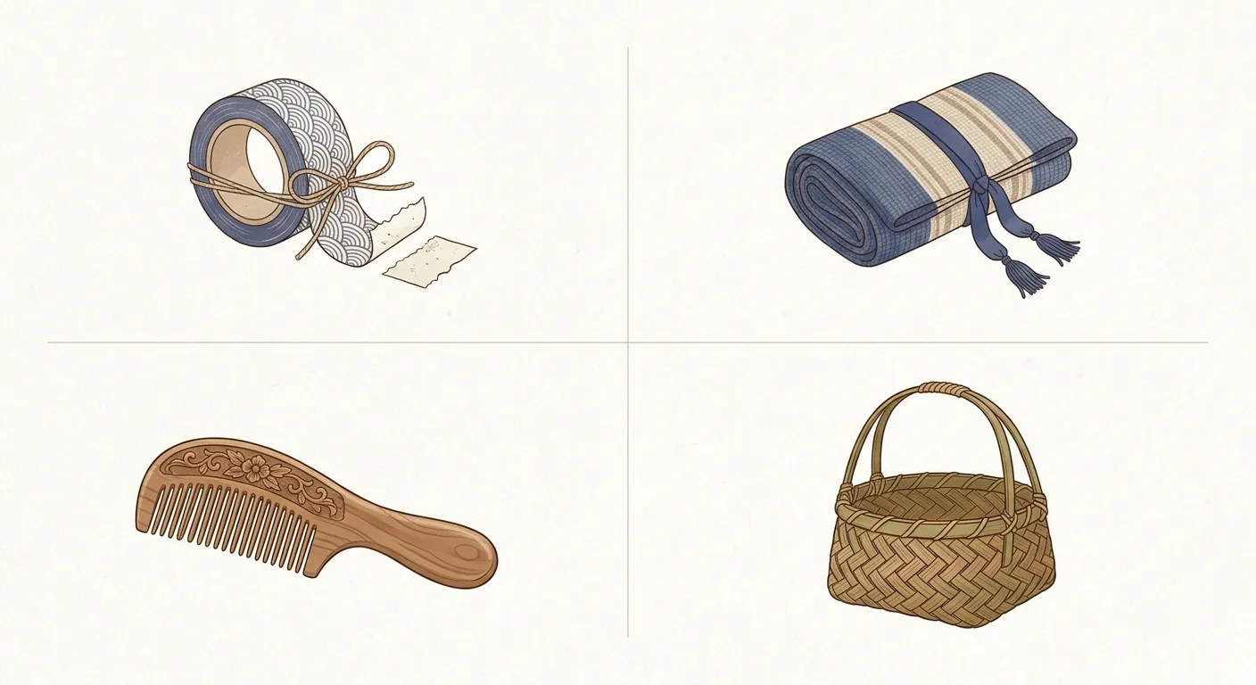 Ilustración minimalista de varias artesanías japonesas como washi, textiles y madera, otras artesanías que merecen mención
