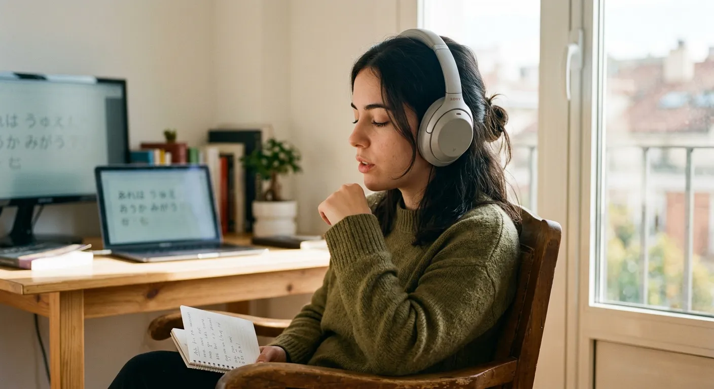 Joven castellana con auriculares practicando pronunciación japonesa